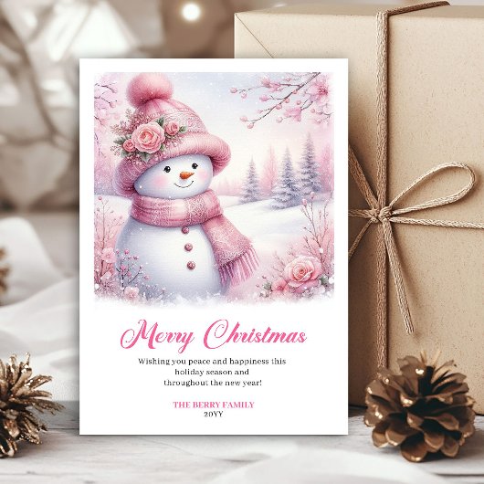 Festive pink snowman Christmas kids card digital  シーズンカード