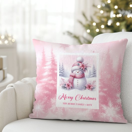 Festive Pink Snowman Winter Forest Kids Pillow クッション