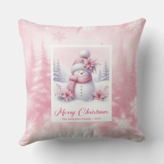 Festive Pink Snowman Winter Forest Kids Pillow クッション (裏面)