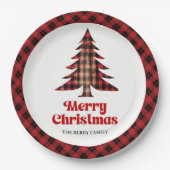 Festive Plaid Christmas Tree Custom Name Paper ペーパープレート (正面)