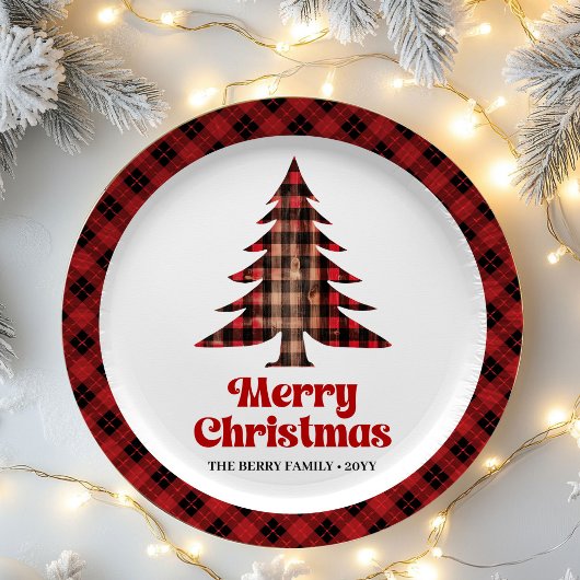 Festive Plaid Christmas Tree Custom Name Paper ペーパープレート