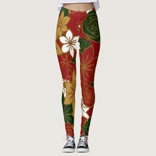 Festive Poinsettia Christmas Floral Leggings レギンス (正面)