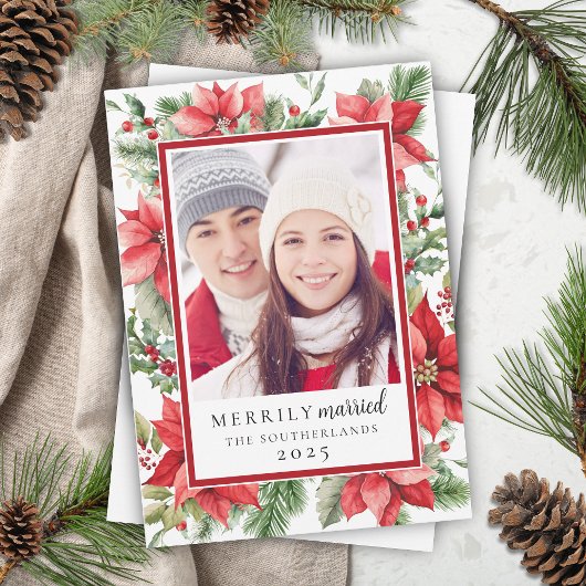 Festive Poinsettia Floral Merrily Married Winter シーズンカード