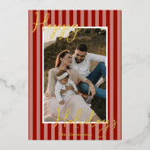 Festive Preppy Red Stripes Photo Christmas Gold  箔シーズンカード (正面)