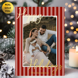 Festive Preppy Red Stripes Photo Christmas Gold 箔シーズンカード