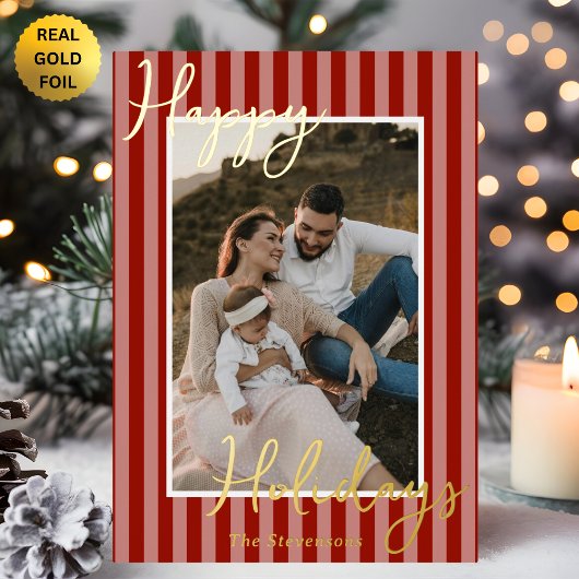 Festive Preppy Red Stripes Photo Christmas Gold  箔シーズンカード