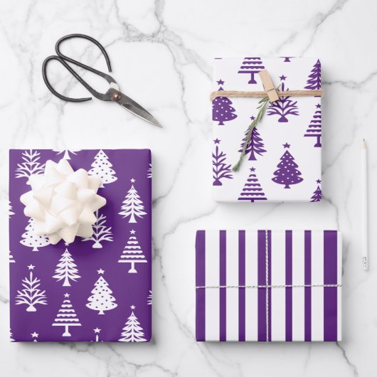 Festive Purple and White Christmas Tree Pattern ラッピングペーパーシート (正面)