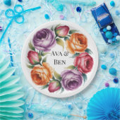 Festive Purple Orange and Red Roses Wedding ペーパープレート (パーティー)