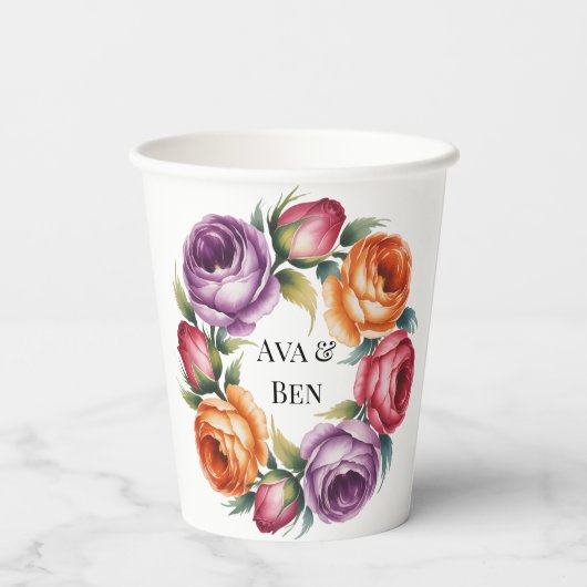 Festive Purple Orange and Red Roses Wedding 紙コップ (裏面)