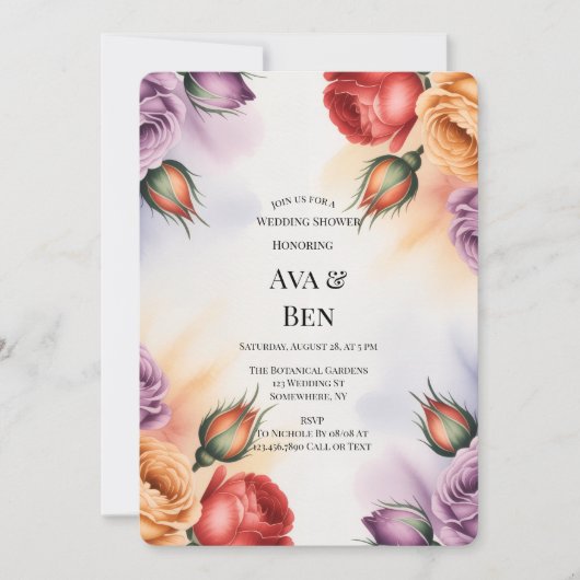 Festive Purple Orange and Red Roses Wedding Shower 招待状 (正面)