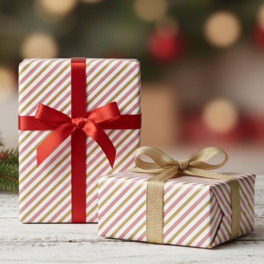 Festive Red and Gold Christmas Candy Cane Stripes  ラッピングペーパー