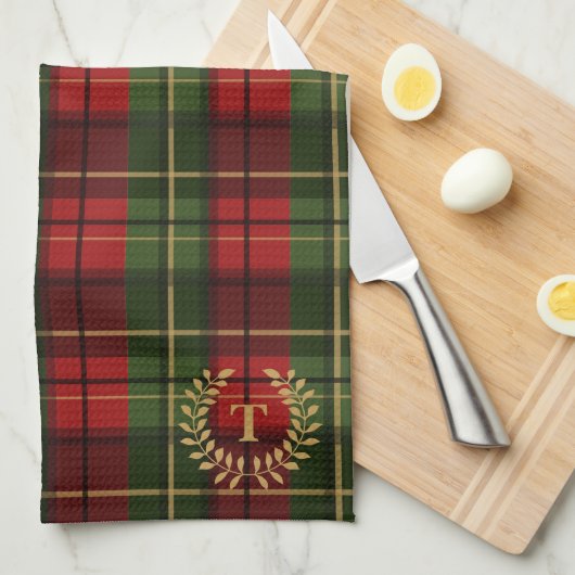 Festive Red And Green Tartan With Custom Monogram キッチンタオル (四つ折り)