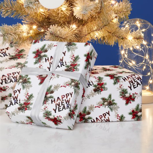  Festive Red Berries Happy New Year Pattern ラッピングペーパー (クリスマス)