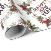  Festive Red Berries Happy New Year Pattern ラッピングペーパー (ロールコーナー)
