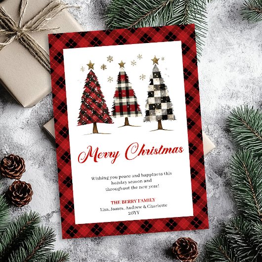 Festive Red Black Plaid Christmas Tree Watercolor シーズンカード