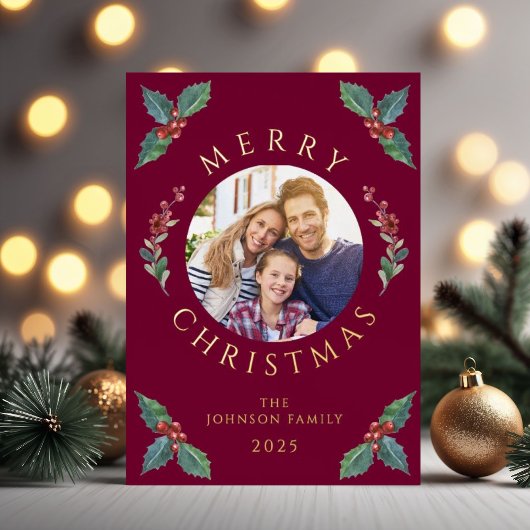 Festive Red Botanical Photo Christmas Foil 箔シーズンカード