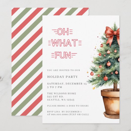 Festive Red Bow Christmas Tree Party シーズンカード (正面/裏面)