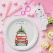 Festive Red Car with Christmas Tree Paper Plates ペーパープレート (パーティー)