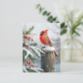 Festive red Cardinal Christmas Greeting ポストカード (スタンド正面)