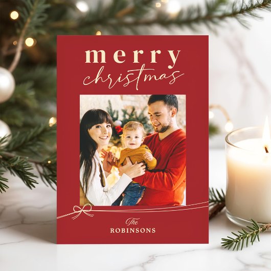 Festive Red Coquette Bow Merry Christmas Photo シーズンカード