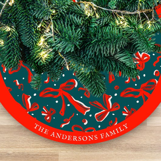 Festive Red & Green Hand Drawn Bows and Ribbons フリース ツリースカート