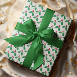 Festive Red Green Holly Leaves Berries Holiday ラッピングペーパー