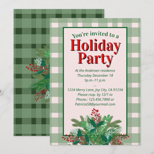 Festive red  & green plaid holiday party 招待状 (正面/裏面)