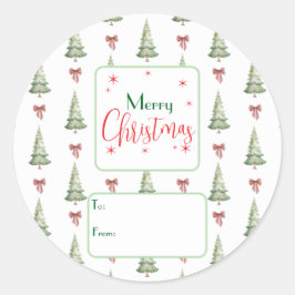 Festive Red Green Script Tree Bow To From Sticker ラウンドシール