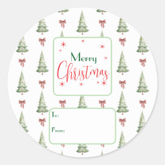 Festive Red Green Script Tree Bow To From Sticker ラウンドシール