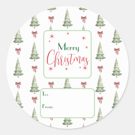Festive Red Green Script Tree Bow To From Sticker ラウンドシール (正面)