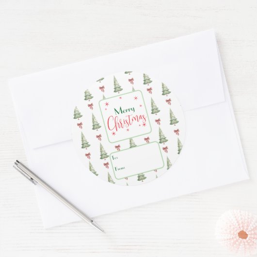 Festive Red Green Script Tree Bow To From Sticker ラウンドシール (封筒)