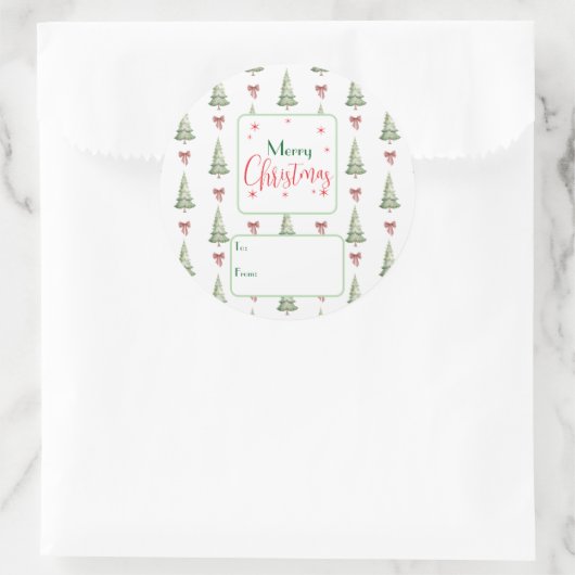 Festive Red Green Script Tree Bow To From Sticker ラウンドシール (バッグ)