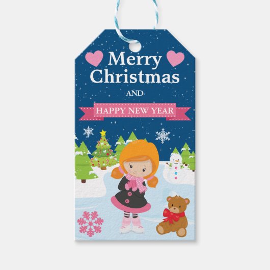 Festive Red Haired Ice Skating Girl ギフトタグ (正面)