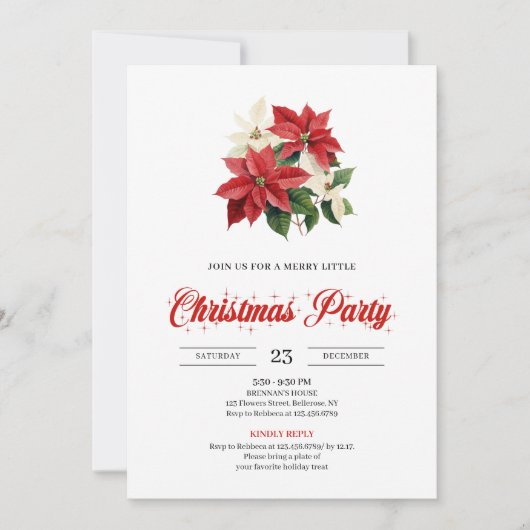 Festive Red Poinsettia Floral Script Font Xmas 招待状 (正面)