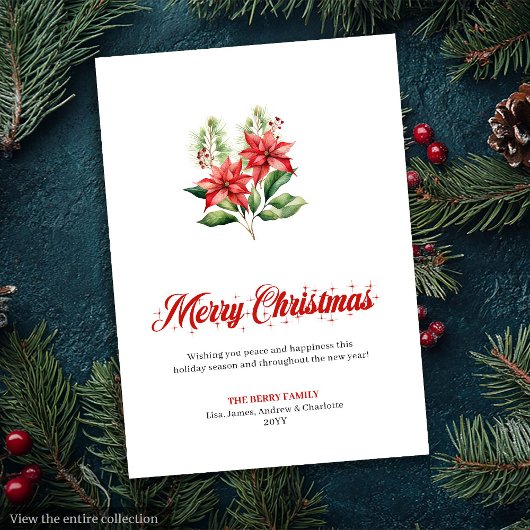 Festive Red Poinsettia Script Font Greeting Card シーズンカード