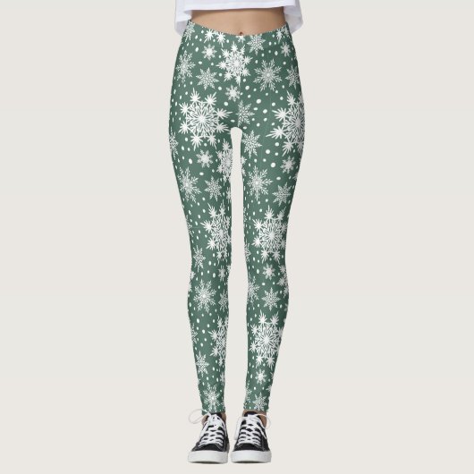Festive Red Snowflake Christmas Leggings Women レギンス (正面)