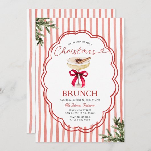 Festive Red Stripe & Holiday Christmas Brunch 招待状 (正面/裏面)