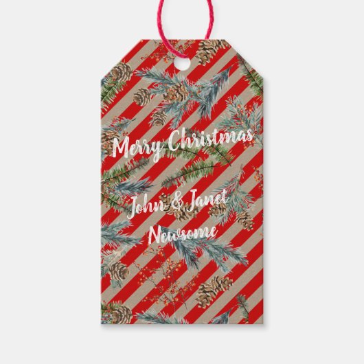 Festive Red Stripe Pine Spruce Cones Kraft Holiday ギフトタグ (正面)
