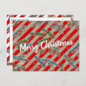 Festive Red Stripe Pine Spruce Cones Kraft Holiday シーズンポストカード (正面/裏面)