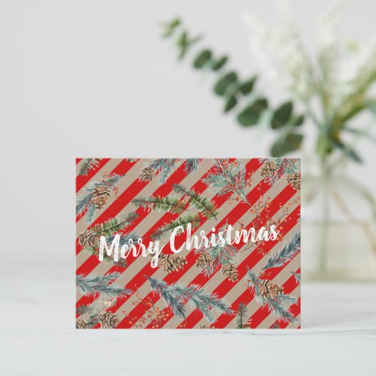 Festive Red Stripe Pine Spruce Cones Kraft Holiday シーズンポストカード (スタンド正面)