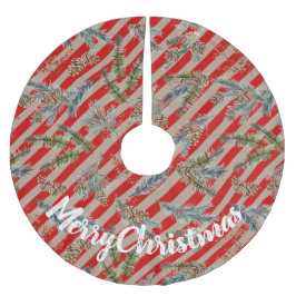 Festive Red Stripe Pine Spruce Cones Kraft Holiday ブラッシュドポリエステルツリースカート