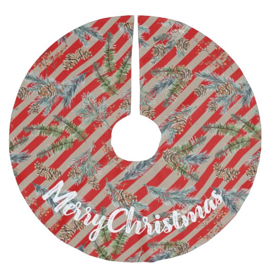 Festive Red Stripe Pine Spruce Cones Kraft Holiday ブラッシュドポリエステルツリースカート (正面)