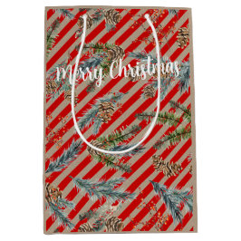 Festive Red Stripe Pine Spruce Cones Kraft Holiday ミディアムペーパーバッグ