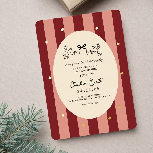 Festive Red Striped Holiday Party Invitation 箔招待状