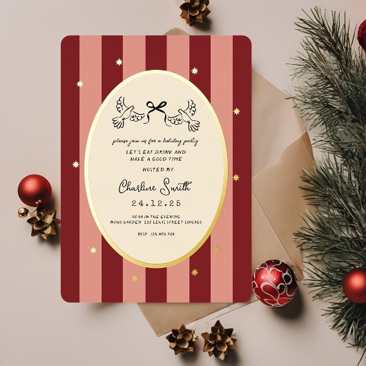 Festive Red Striped Holiday Party Invitation 箔招待状