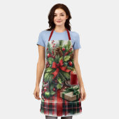 Festive Red Tartan & Pine Christmas  エプロン (着用した状態)
