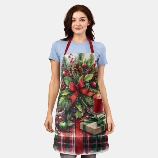 Festive Red Tartan & Pine Christmas  エプロン (着用した状態)