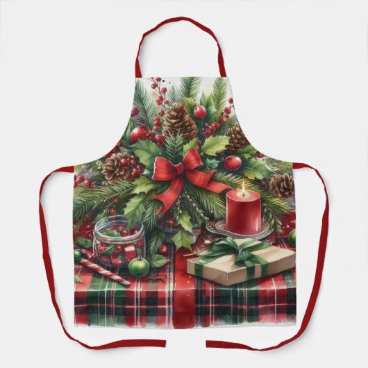 Festive Red Tartan & Pine Christmas  エプロン (正面)