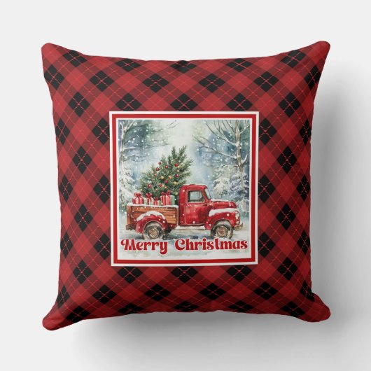 Festive red truck Christmas scene rustic bold  クッション (裏面)