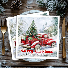Festive red truck Christmas scene rustic table 